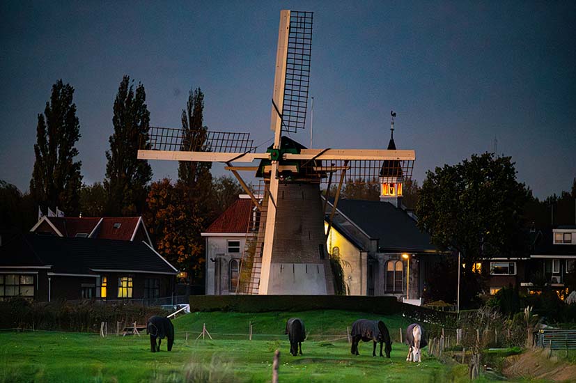 molen en kerktoren savonds